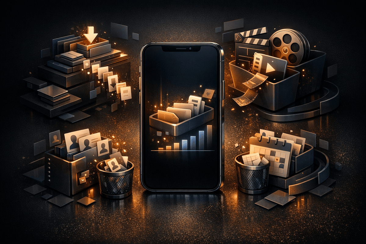 Editorial illustration of broader iPhone utility cleanup workflow