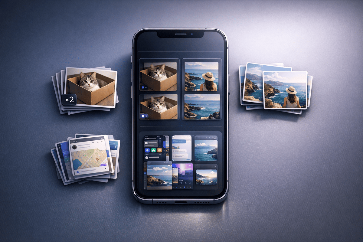Editorial illustration of focused iPhone media cleanup workflow
