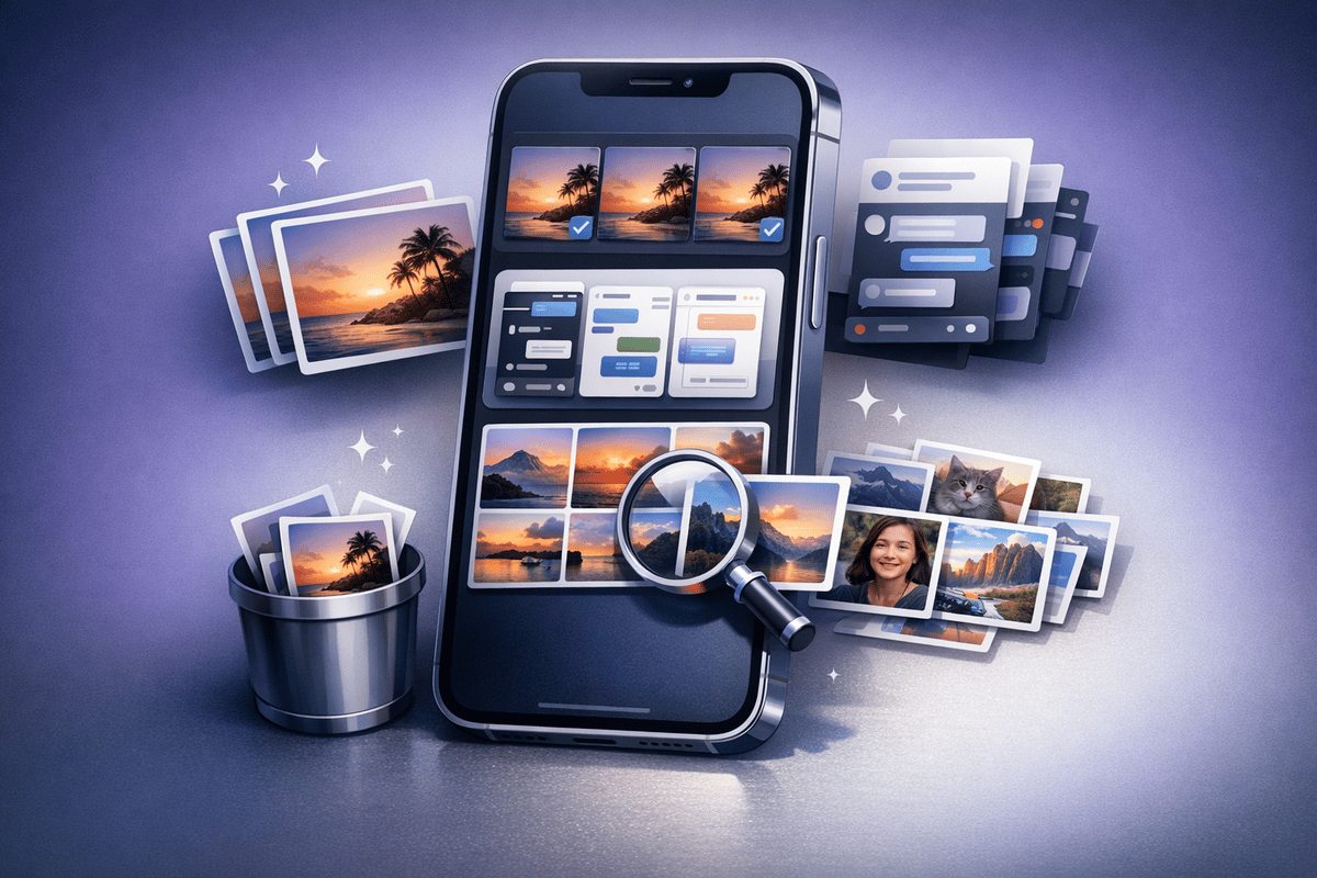 Editorial illustration for iPhone-oriented phone cleanup workflow