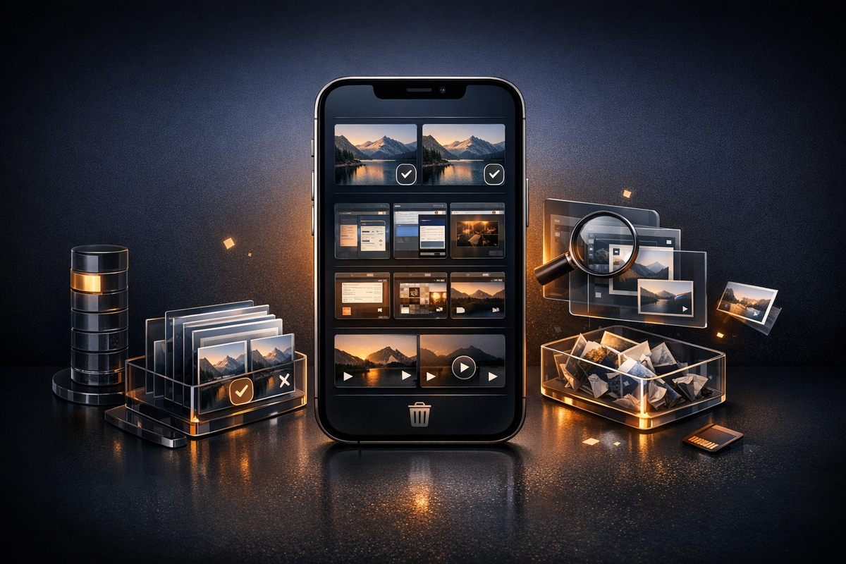 Editorial illustration for best iPhone cleaner apps article